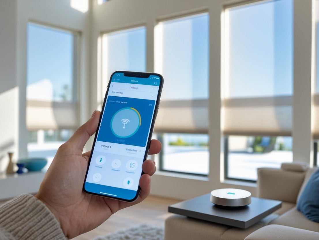 Smartphone displaying Wi-Fi controls for smart shades, with modern living room and window shades in background.