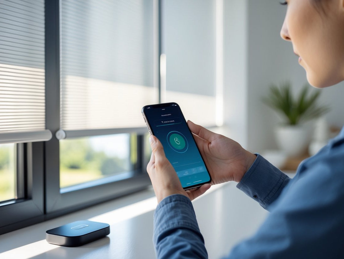 User adjusting smart shades via smartphone app, showcasing modern technology and bright indoor setting.