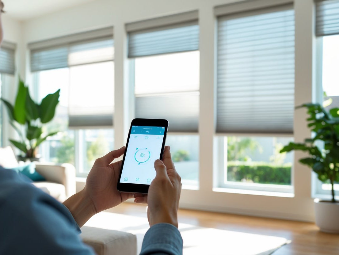 Man using a smartphone to control automated shades in a bright, modern living room with large windows and greenery.