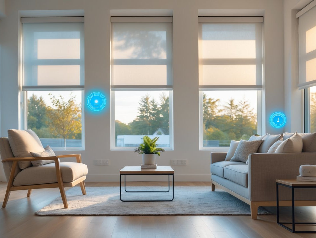 Modern living room with large windows, natural light, minimalist furniture, and potted plant, highlighting home automation features.