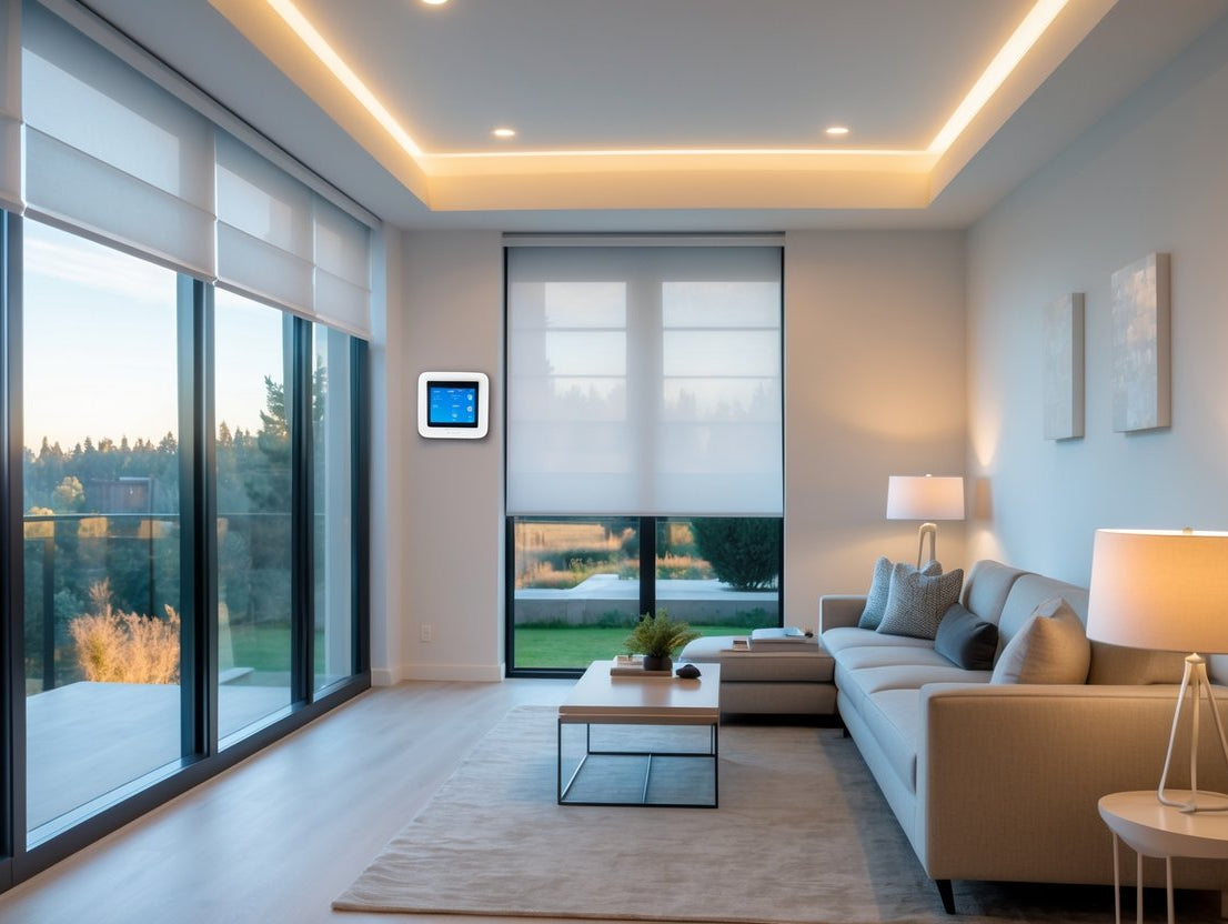 Modern living room featuring smart shades, lighting, and a thermostat, showcasing whole-home comfort.