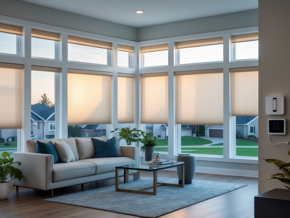 Modern living room with smart shades, showcasing a cozy sofa, coffee table, and large windows for optimal natural light.