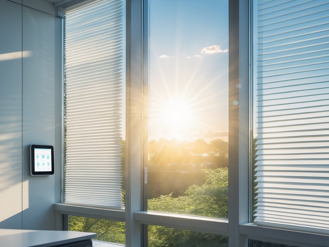 Sunlight streams through automated shades in a modern office, highlighting energy savings with smart scheduling.