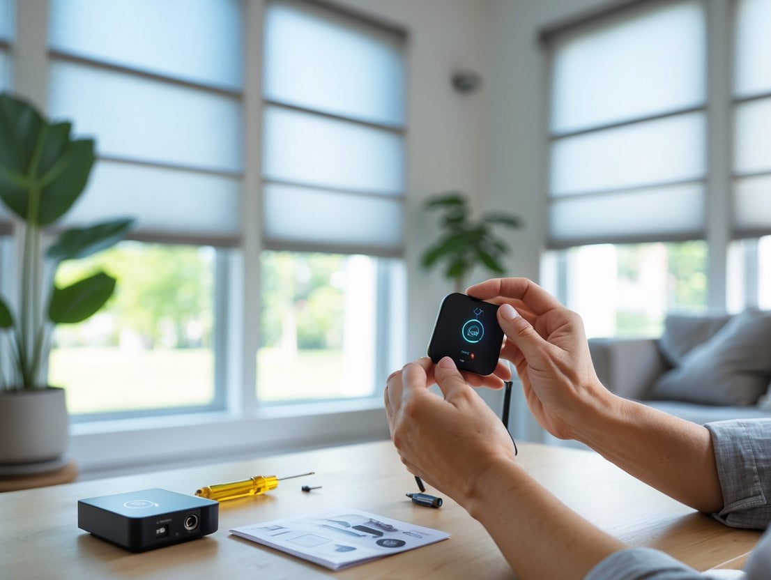 Hands holding a smart controller for window shades, with tools and instructions on a table in a bright, modern living space.