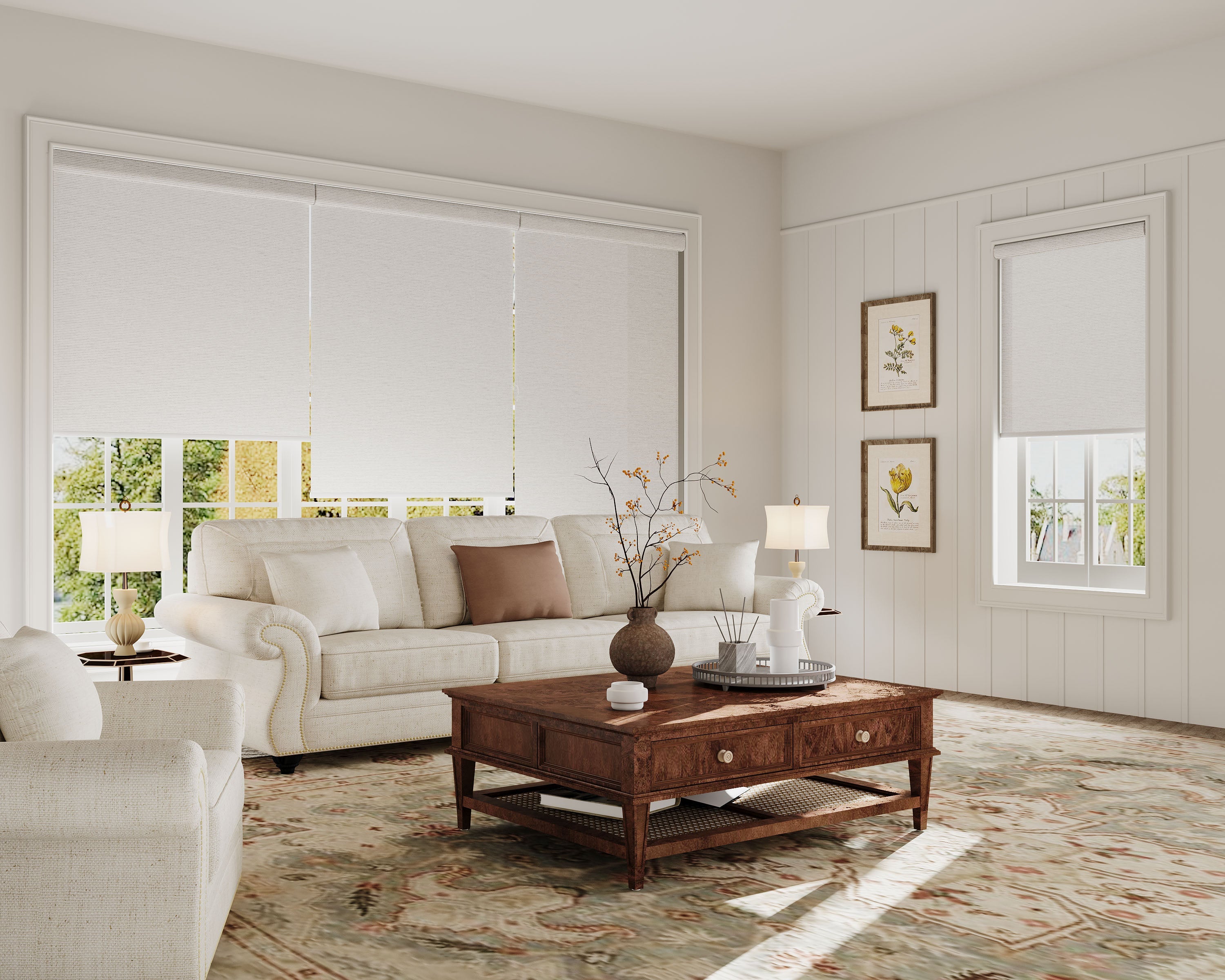Roman, roller & cellular blinds for living rooms with light control