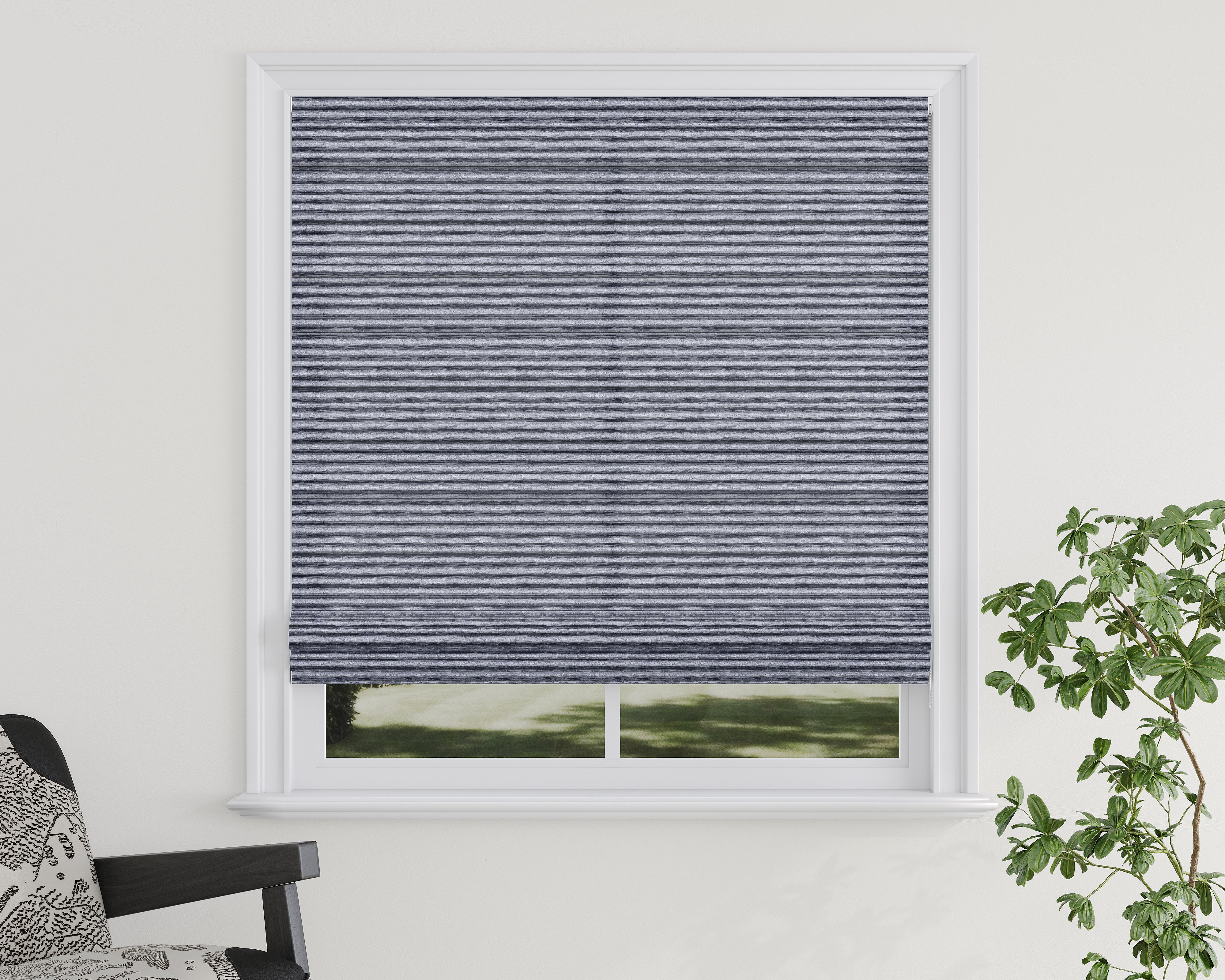 Modern beige fabric roller blind installed on a window with soft lighting.