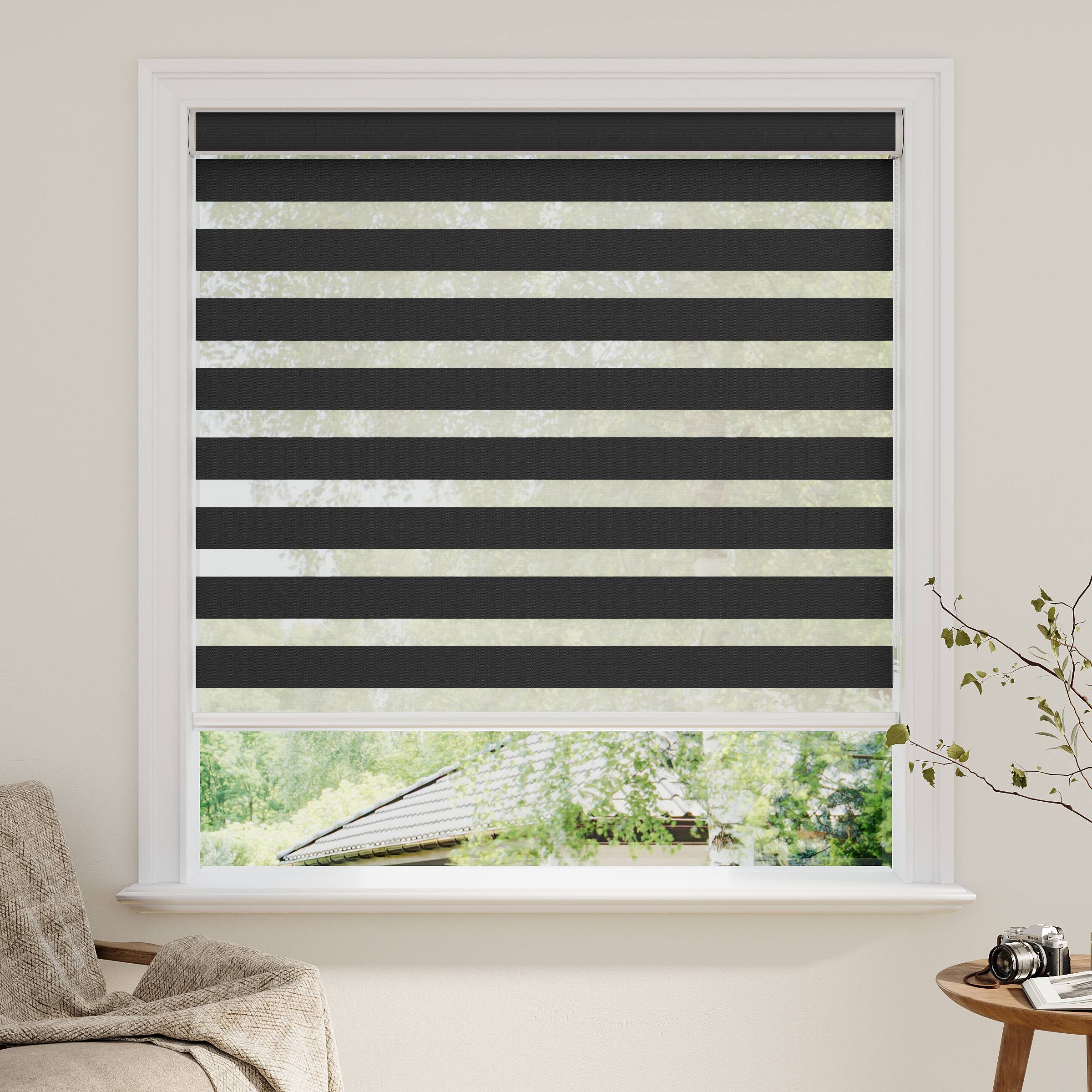 Light Filtering Zebra Shades – 5 Fabric Series (AB, B5, BL2, G31, BL21), 3" Solid + 2" Sheer Stripes, Cordless & Motorized, Noise Absorbing, GREENGUARD Certified, Child-Safe for Living Room & Home Office