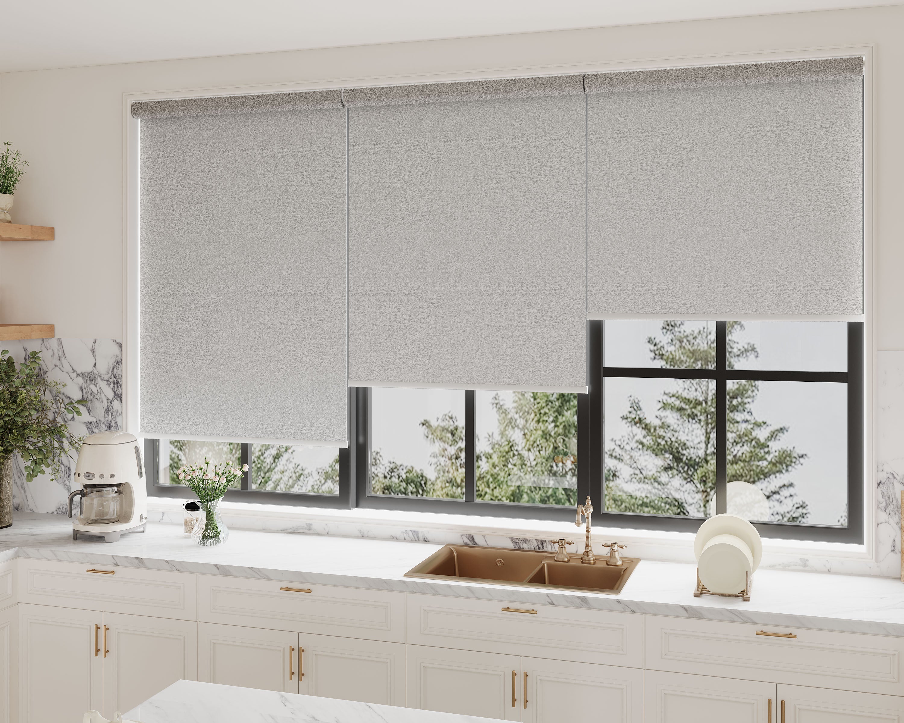 Modern kitchen in Dallas with roller blinds on large windows