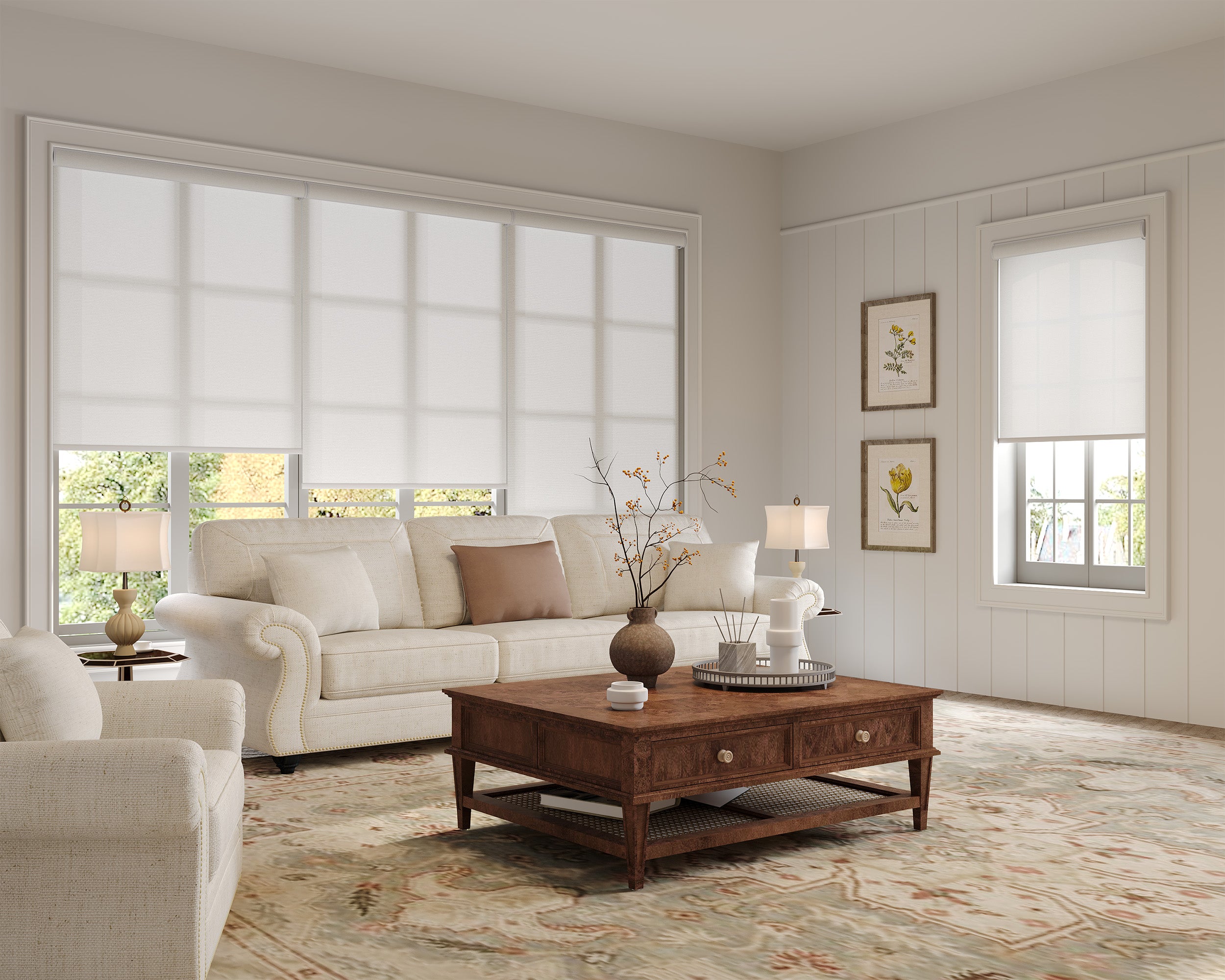 Light filtering roller shades in a bright living room, featuring textured linen weaves and a cozy ambiance.