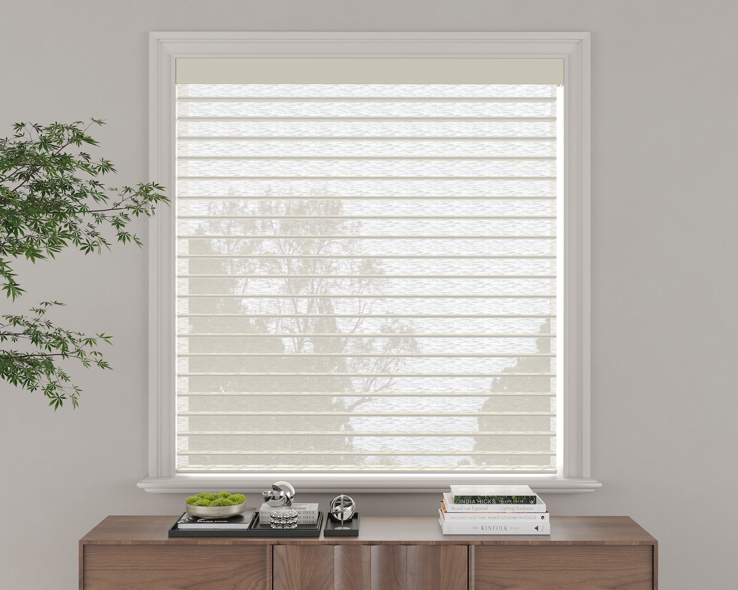 Light beige roller blind shown rolled down on a window.