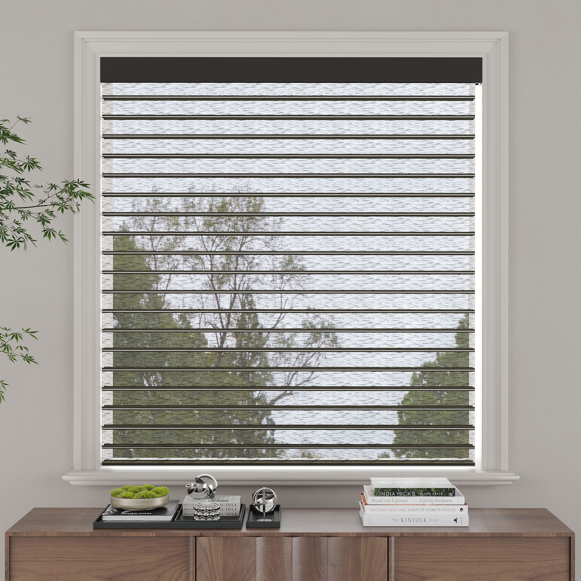 Customized window blinds installed in a bright and airy room
