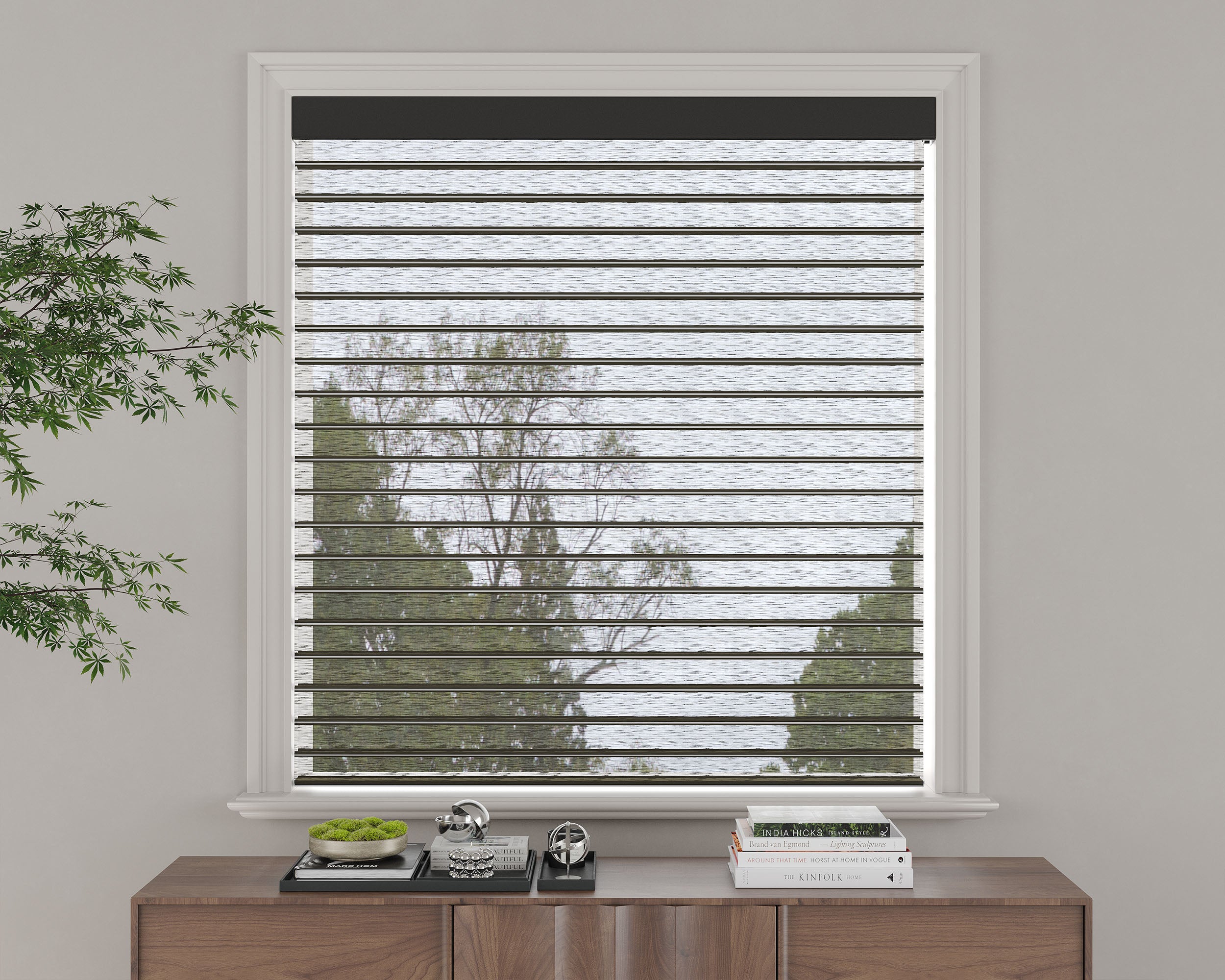 Customized window blinds installed in a bright and airy room