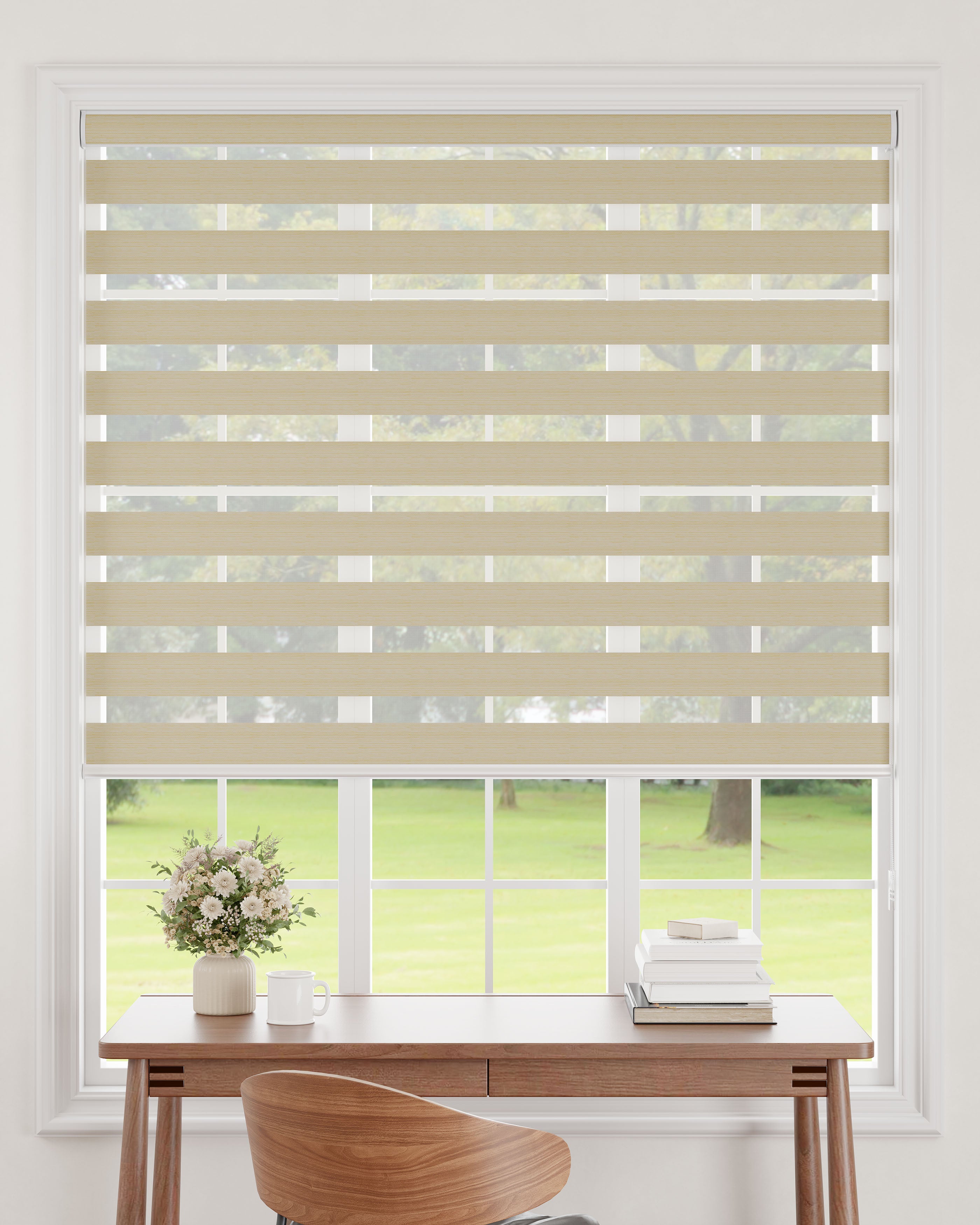 Wide zebra blind with alternating sheer and opaque layers.