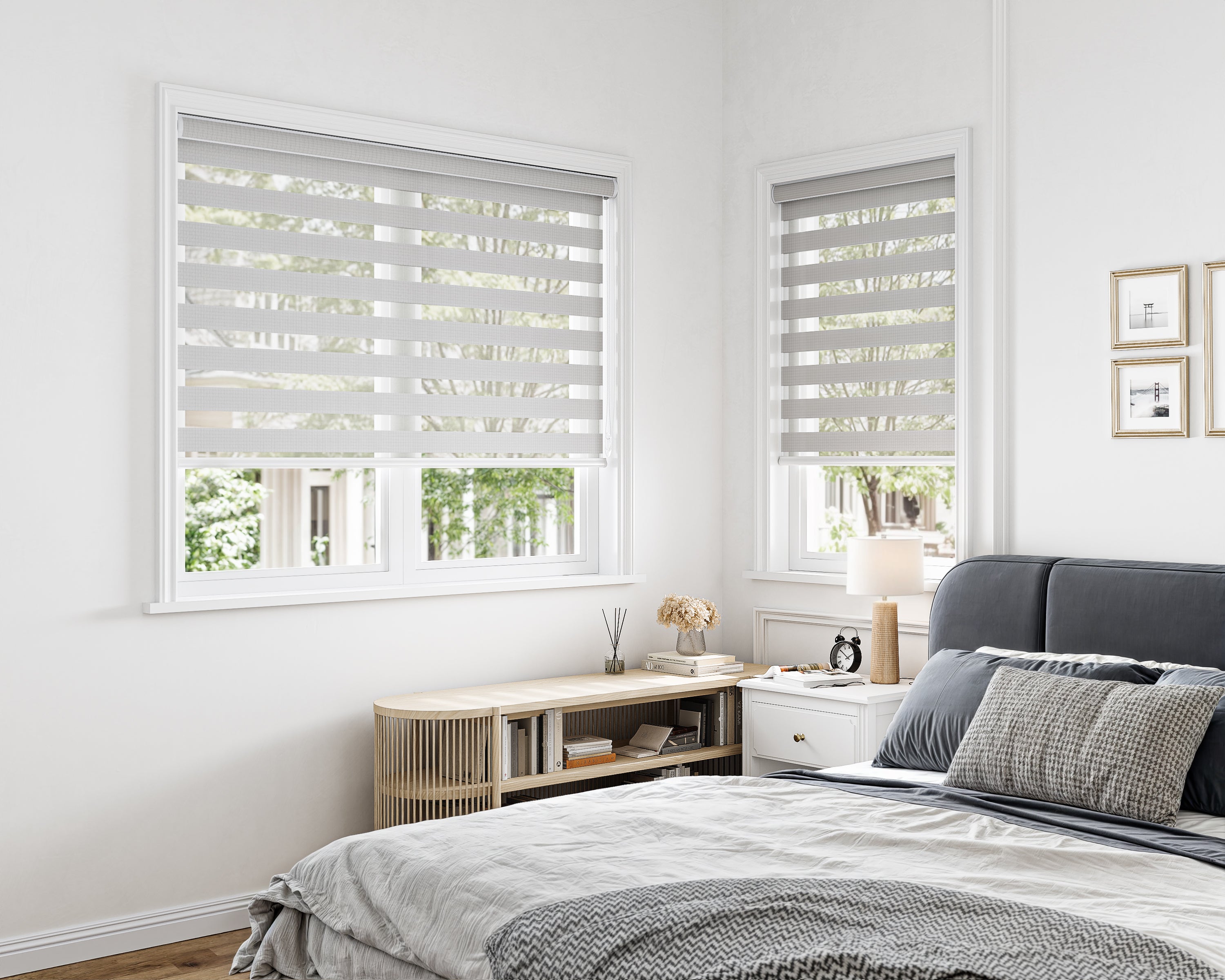 Light-filtering zebra shades with alternating sheer and solid stripes