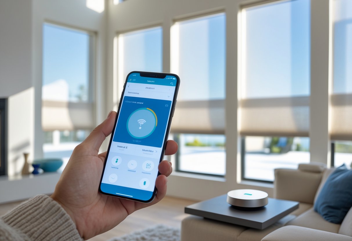 Smartphone displaying Wi-Fi controls for smart shades, with modern living room and window shades in background.