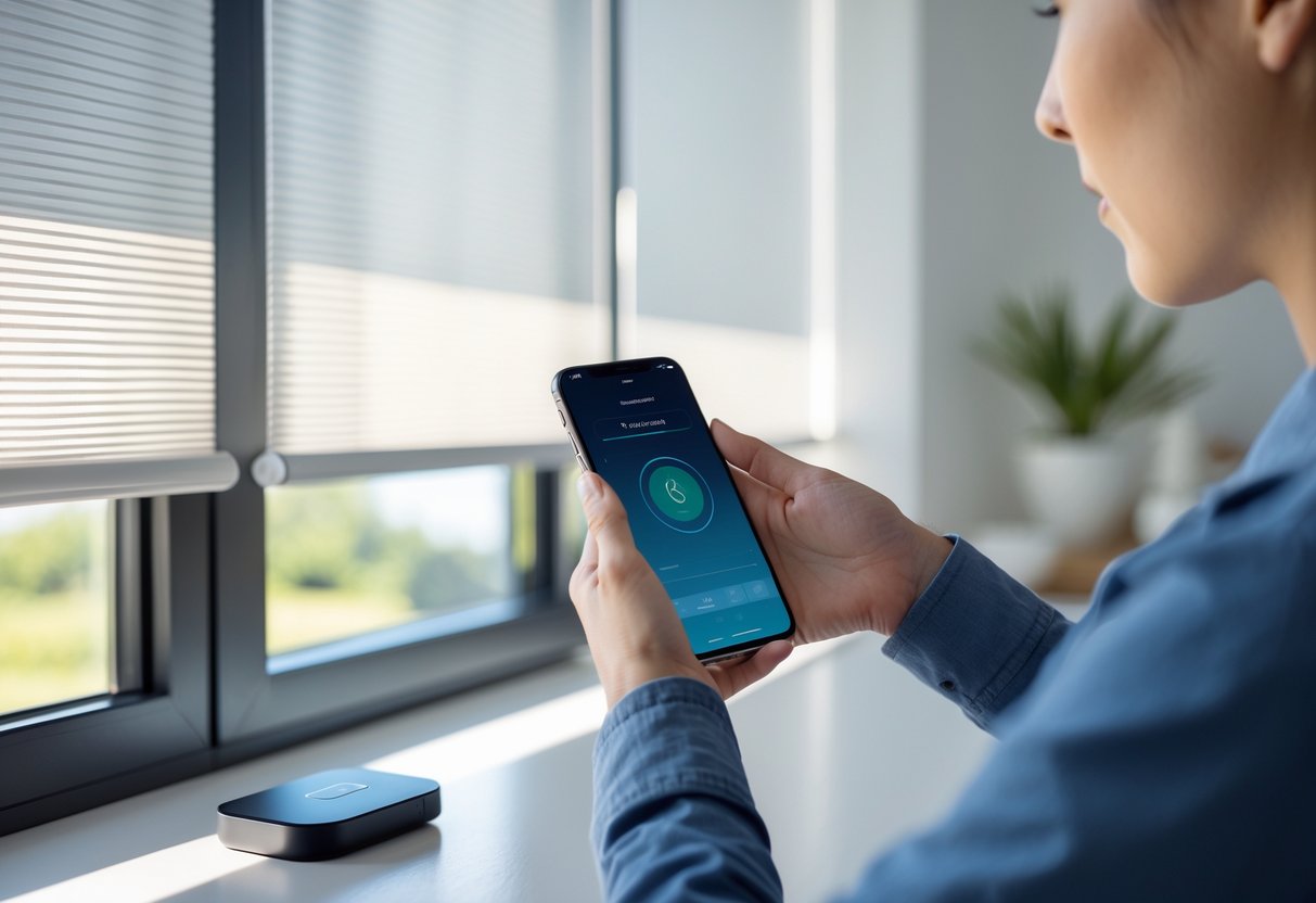 User adjusting smart shades via smartphone app, showcasing modern technology and bright indoor setting.