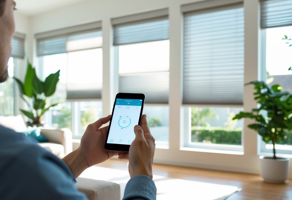 Man using a smartphone to control automated shades in a bright, modern living room with large windows and greenery.