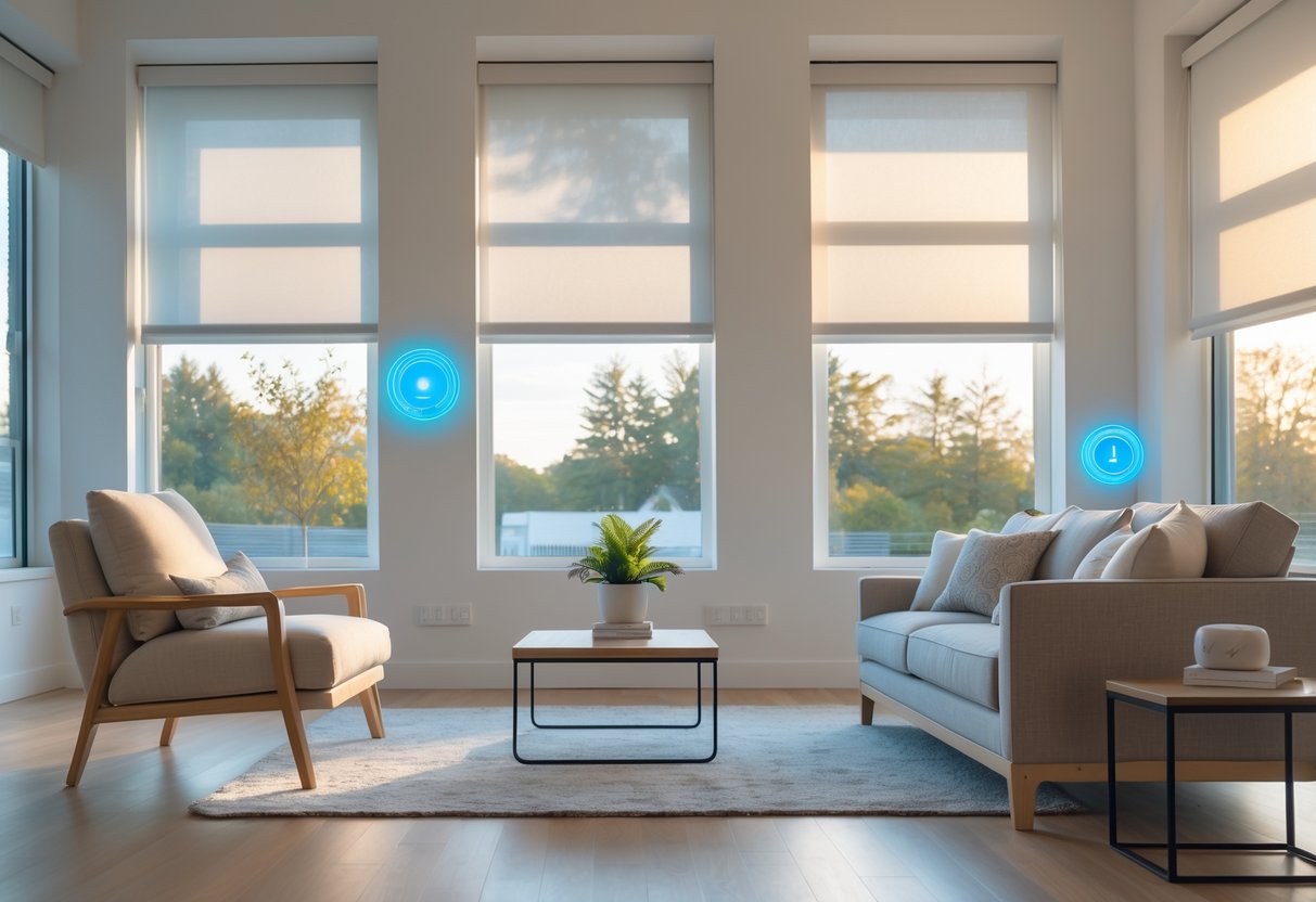 Modern living room with large windows, natural light, minimalist furniture, and potted plant, highlighting home automation features.
