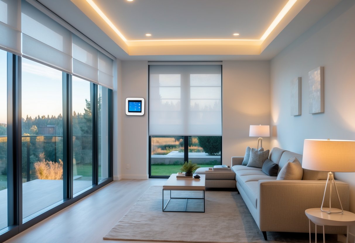 Modern living room featuring smart shades, lighting, and a thermostat, showcasing whole-home comfort.