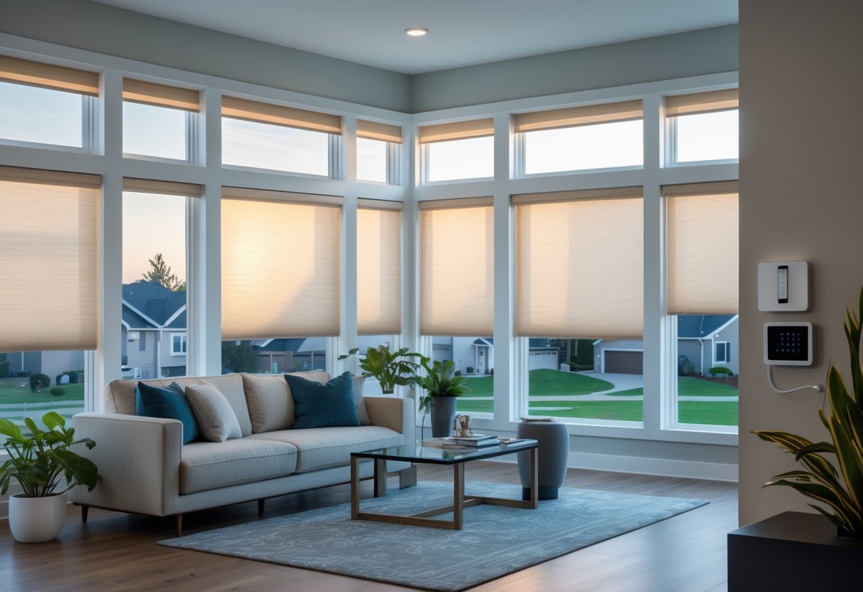Modern living room with smart shades, showcasing a cozy sofa, coffee table, and large windows for optimal natural light.