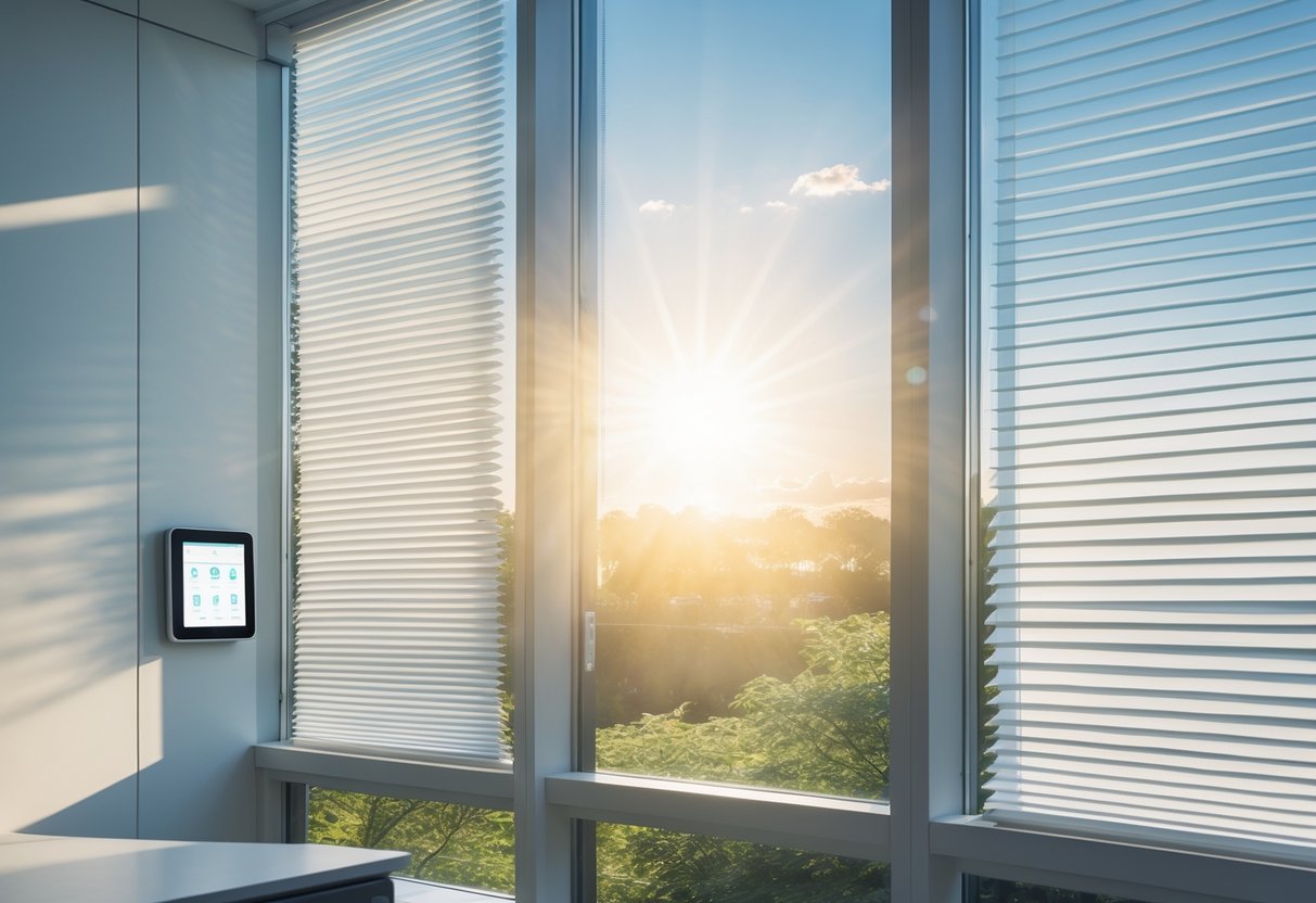 Sunlight streams through automated shades in a modern office, highlighting energy savings with smart scheduling.