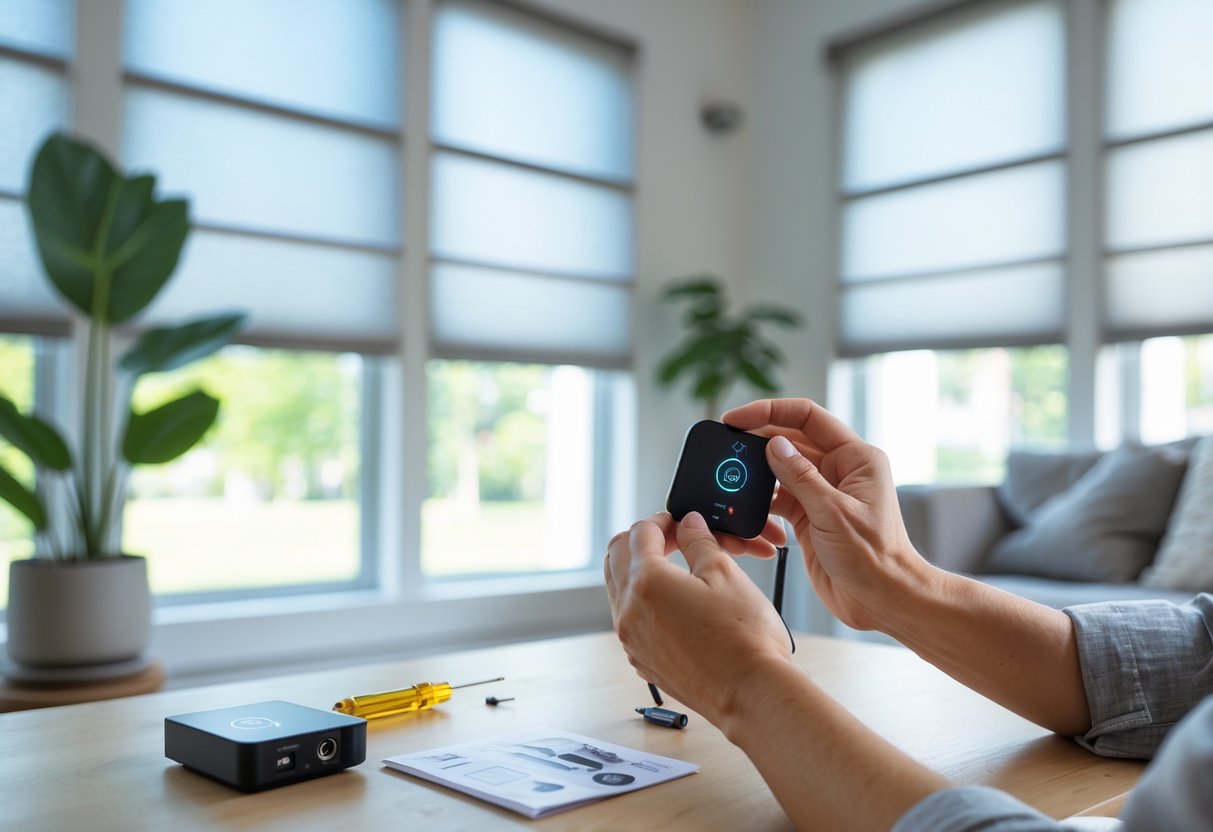 Hands holding a smart controller for window shades, with tools and instructions on a table in a bright, modern living space.