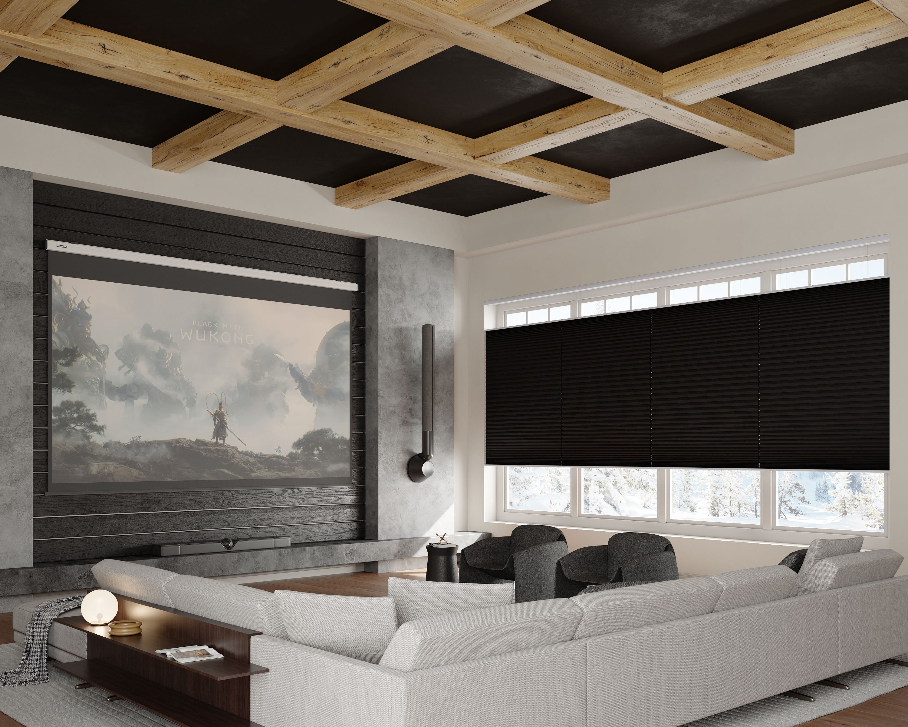 Stylish media room featuring a large projector screen, modern furniture, and black honeycomb shades, creating a cozy atmosphere.