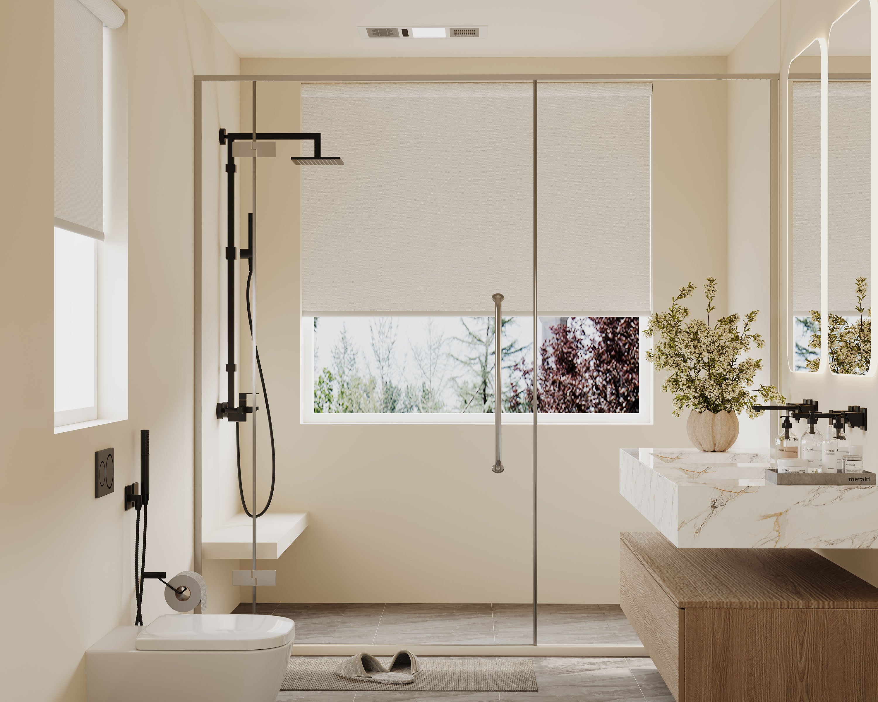 Moisture-resistant zebra, roller & cellular blinds for bathrooms