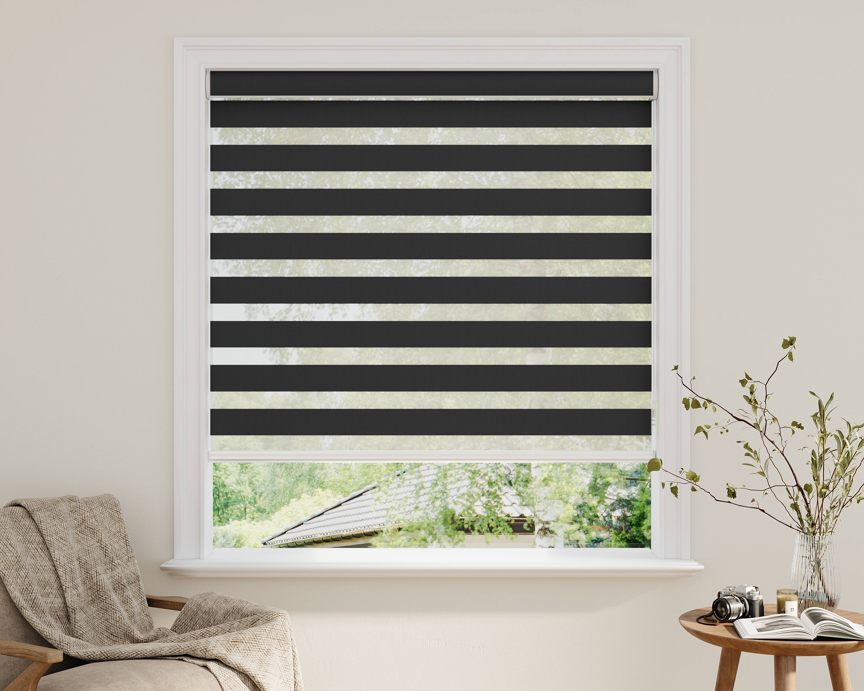 Light Filtering Zebra Shades – 5 Fabric Series (AB, B5, BL2, G31, BL21), 3" Solid + 2" Sheer Stripes, Cordless & Motorized, Noise Absorbing, GREENGUARD Certified, Child-Safe for Living Room & Home Office