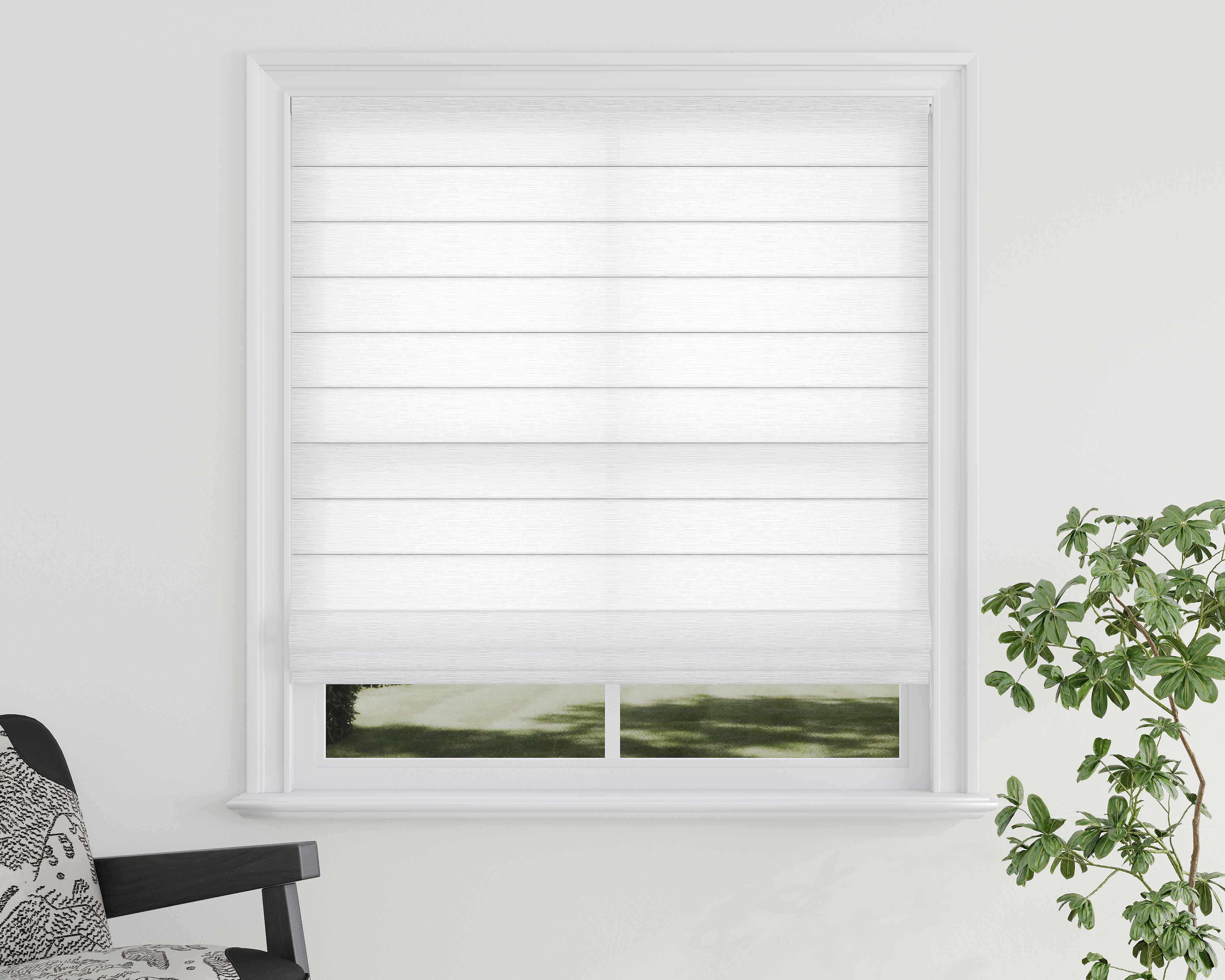 A white Roman shade with a textured pattern, raised weave texture, installed in a window with a view of greenery outside. A chair with a striped pattern is partially visible to the left.